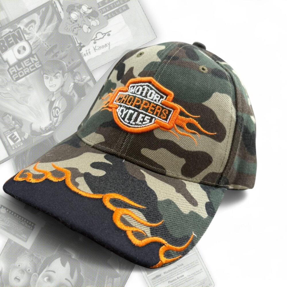 Camo Mexican Bootleg Harley Davidson Flames Strap Back Hat